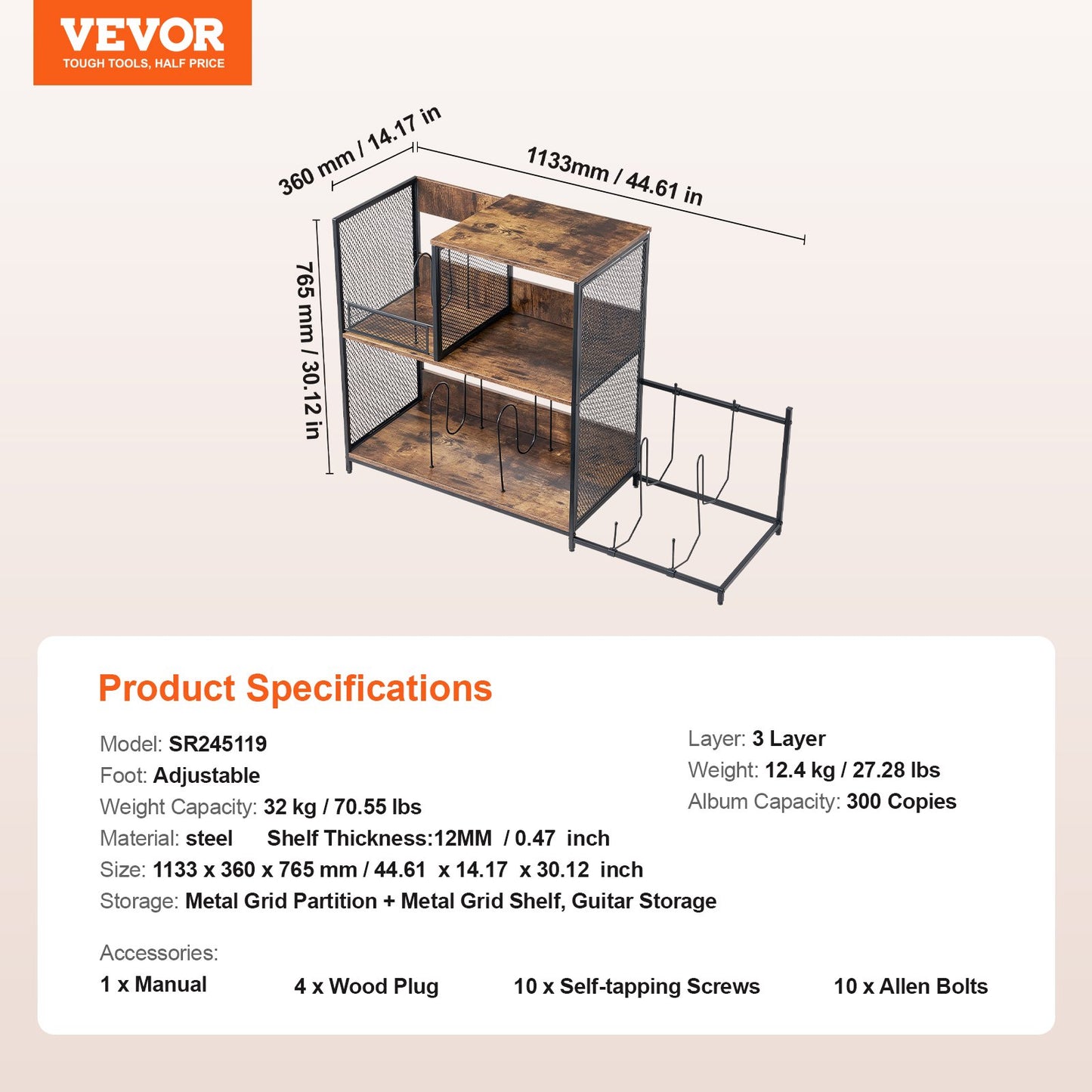 3-Tier Record Player Stand with Guitar Holder, Turntable Stand with Storage Holds Up to 300 Albums, Vinyl Record Cabinet with Metal Mesh Frame for Living Room, Bedroom, Black