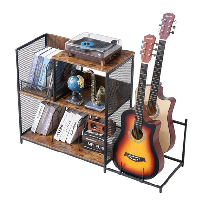 3-Tier Record Player Stand with Guitar Holder, Turntable Stand with Storage Holds Up to 300 Albums, Vinyl Record Cabinet with Metal Mesh Frame for Living Room, Bedroom, Black
