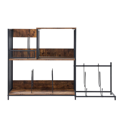 3-Tier Record Player Stand with Guitar Holder, Turntable Stand with Storage Holds Up to 300 Albums, Vinyl Record Cabinet with Metal Mesh Frame for Living Room, Bedroom, Black