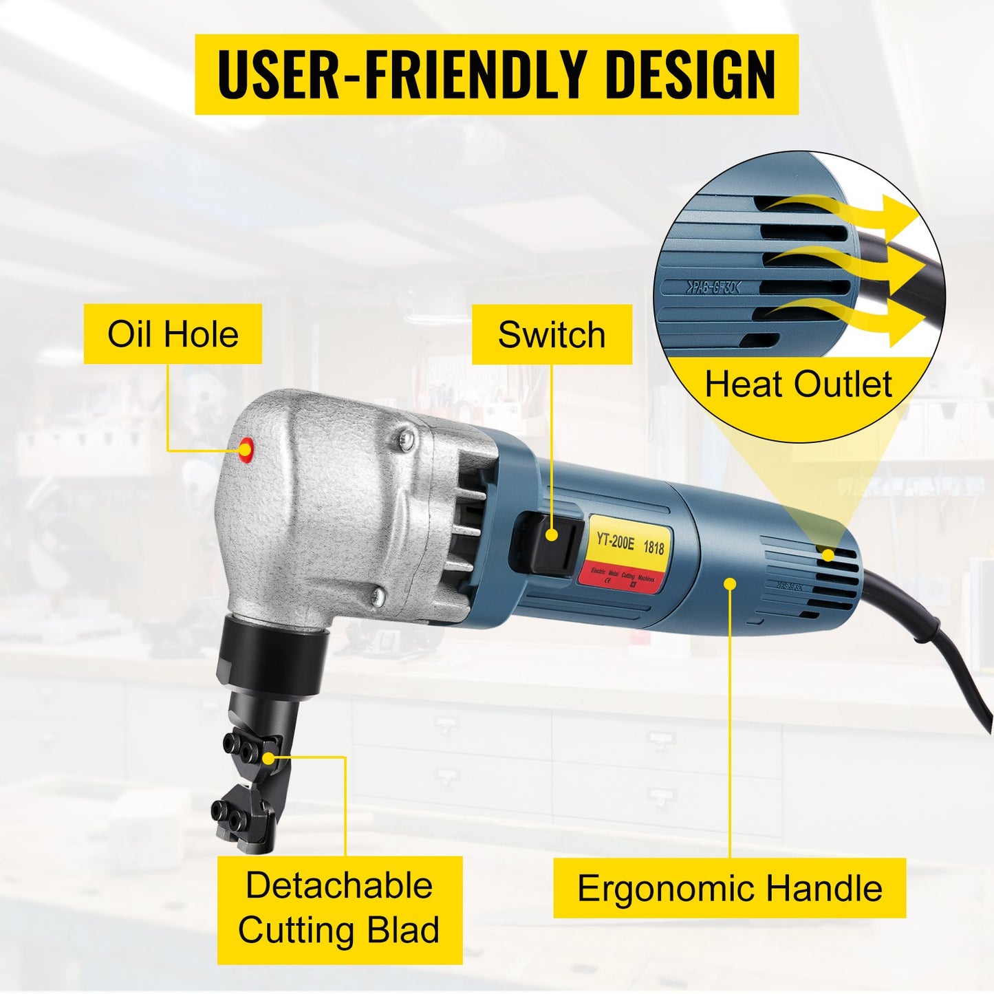 Elektrischer Metallknüppel 380 W, 1800 U/min Hochgeschwindigkeitsrotor, 220 V, inkl. Ersatzklingen und Aufbewahrungskoffer. Geeignet zum Schneiden von Edelstahl, Aluminium und Kunststoff.