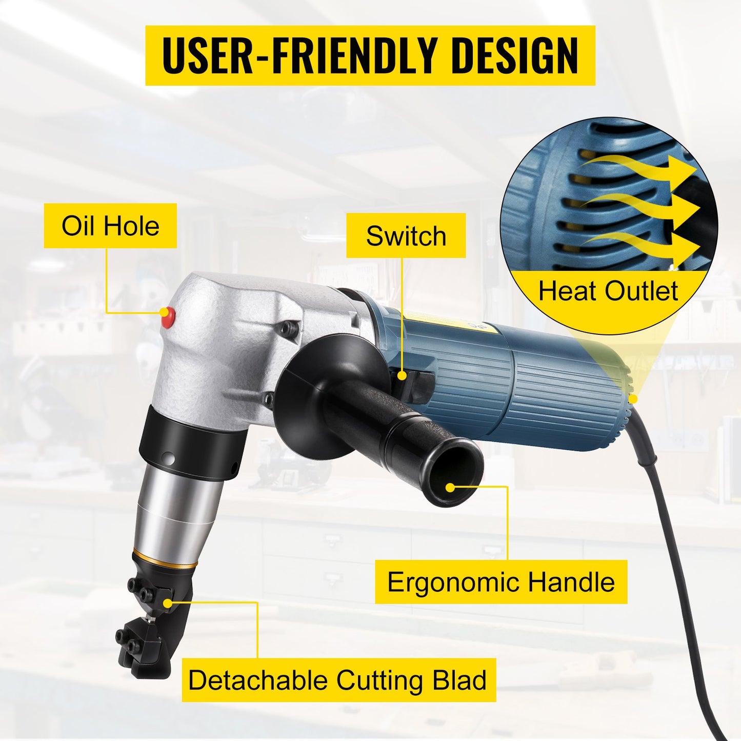 Elektrischer Metallknüppel 625 W, 1000 U/min Hochgeschwindigkeitsrotor, 110 V, inkl. Ersatzklingen und Aufbewahrungskoffer. Geeignet zum Schneiden von Edelstahl, Aluminium und Kunststoff.