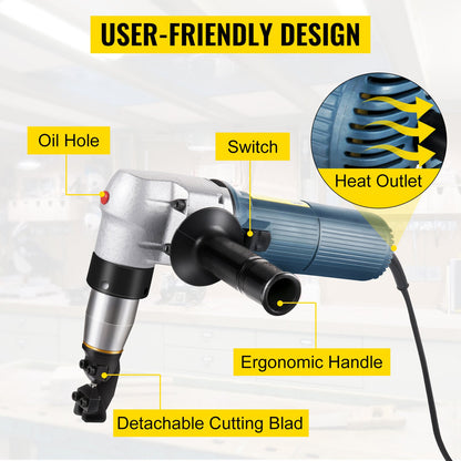 Elektrischer Metallknüppel 625 W, 1000 U/min Hochgeschwindigkeitsrotor, 110 V, inkl. Ersatzklingen und Aufbewahrungskoffer. Geeignet zum Schneiden von Edelstahl, Aluminium und Kunststoff.