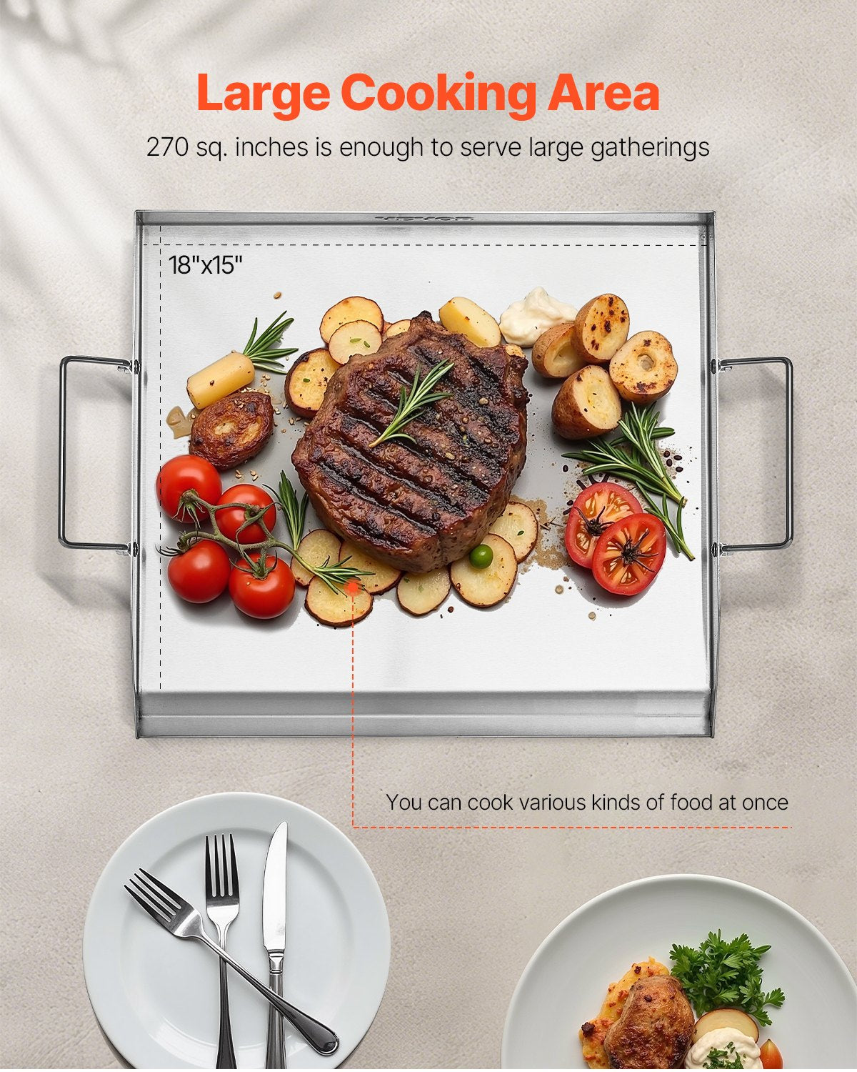 Edelstahl-Grillplatte, 45,7 x 40,6 cm (18 x 16 Zoll), universelle flache rechteckige Platte, Gasgrill-Grillplatte für BBQ-Grill, Teppanyaki, tragbares Familienkochgeschirr mit Griff, für Camping, Grillpartys