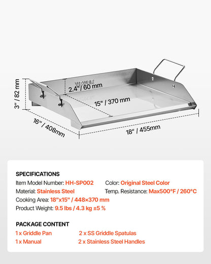 Edelstahl-Grillplatte, 45,7 x 40,6 cm (18 x 16 Zoll), universelle flache rechteckige Platte, Gasgrill-Grillplatte für BBQ-Grill, Teppanyaki, tragbares Familienkochgeschirr mit Griff, für Camping, Grillpartys