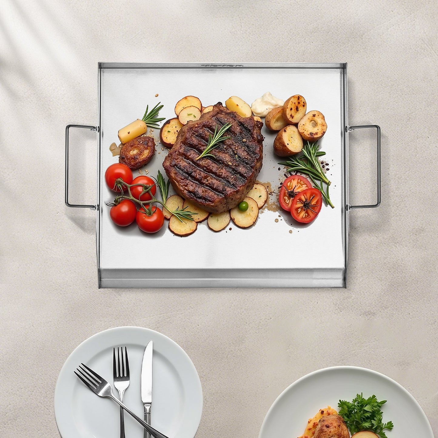 Edelstahl-Grillplatte, 45,7 x 40,6 cm (18 x 16 Zoll), universelle flache rechteckige Platte, Gasgrill-Grillplatte für BBQ-Grill, Teppanyaki, tragbares Familienkochgeschirr mit Griff, für Camping, Grillpartys