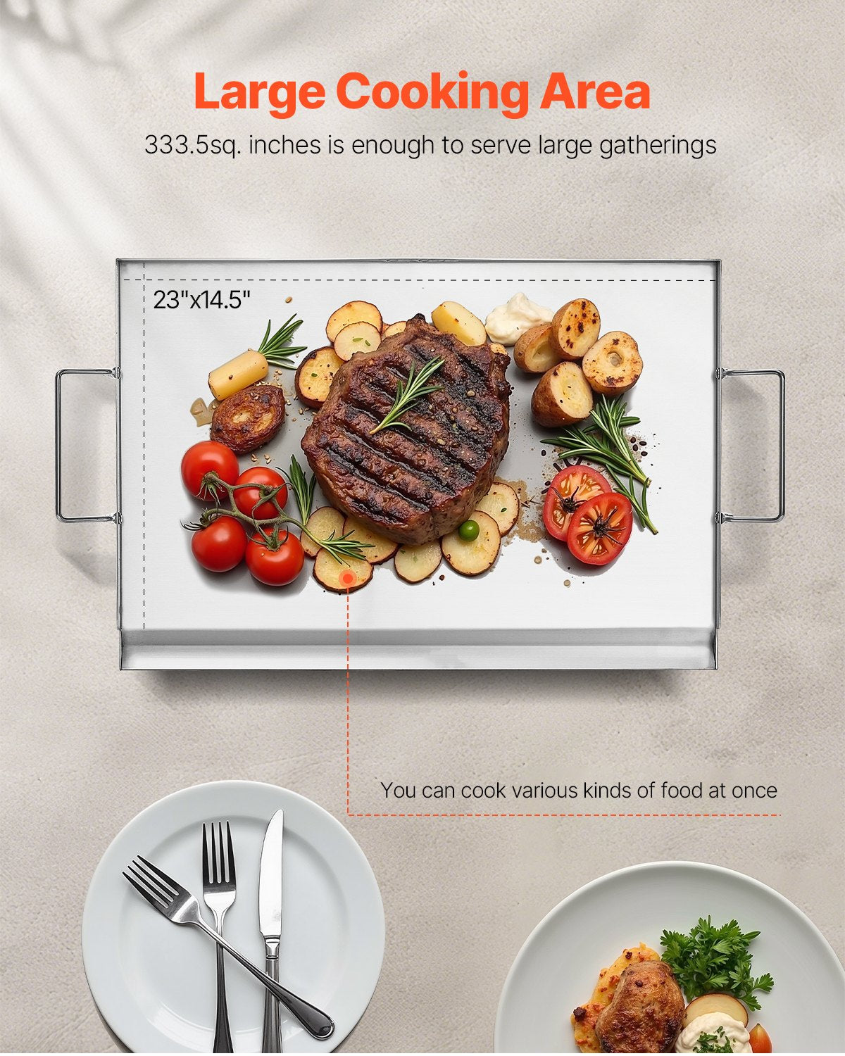 Edelstahl-Grillplatte, 58 x 41 cm (23 x 16 Zoll), universelle flache rechteckige Platte, Gasgrill-Grillplatte für BBQ-Grill, Teppanyaki, tragbares Familienkochgeschirr mit Griff, für Camping, Grillpartys