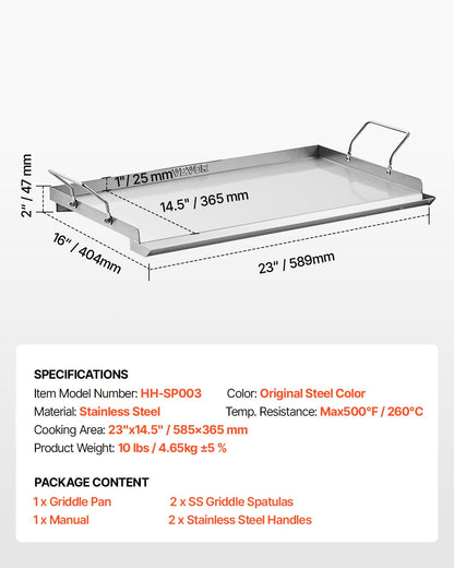 Edelstahl-Grillplatte, 58 x 41 cm (23 x 16 Zoll), universelle flache rechteckige Platte, Gasgrill-Grillplatte für BBQ-Grill, Teppanyaki, tragbares Familienkochgeschirr mit Griff, für Camping, Grillpartys