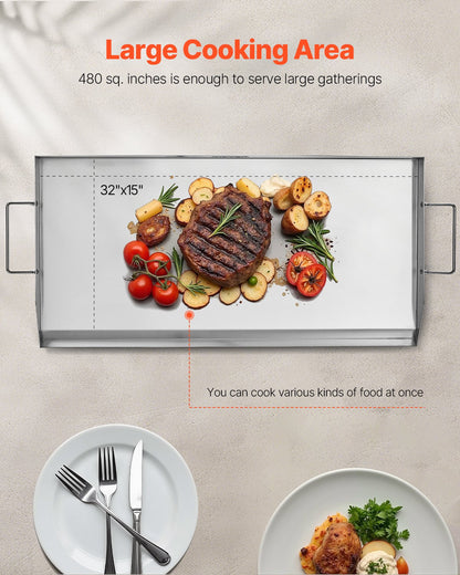 Edelstahl-Grillplatte, 81 x 41 cm (32 x 16 Zoll), universelle flache rechteckige Platte, Gasgrill-Grillplatte für BBQ-Grill, Teppanyaki, tragbares Familienkochgeschirr mit Griff, für Camping, Grillpartys