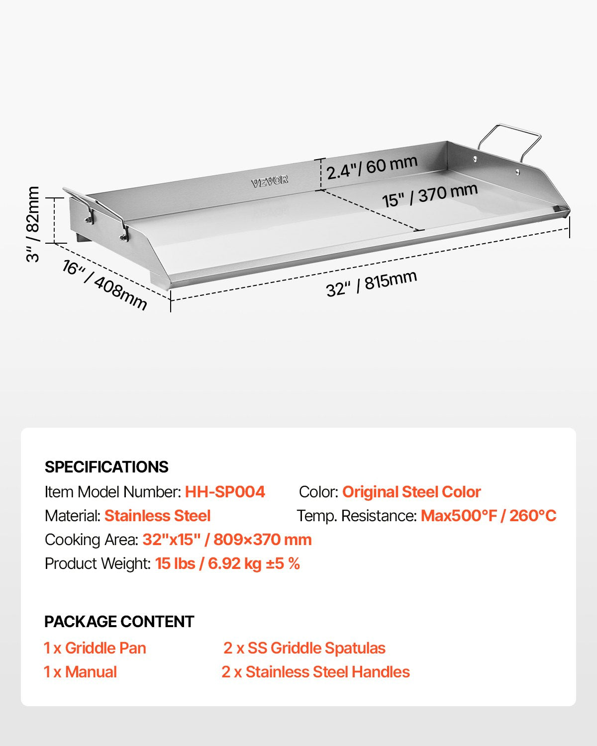 Edelstahl-Grillplatte, 81 x 41 cm (32 x 16 Zoll), universelle flache rechteckige Platte, Gasgrill-Grillplatte für BBQ-Grill, Teppanyaki, tragbares Familienkochgeschirr mit Griff, für Camping, Grillpartys