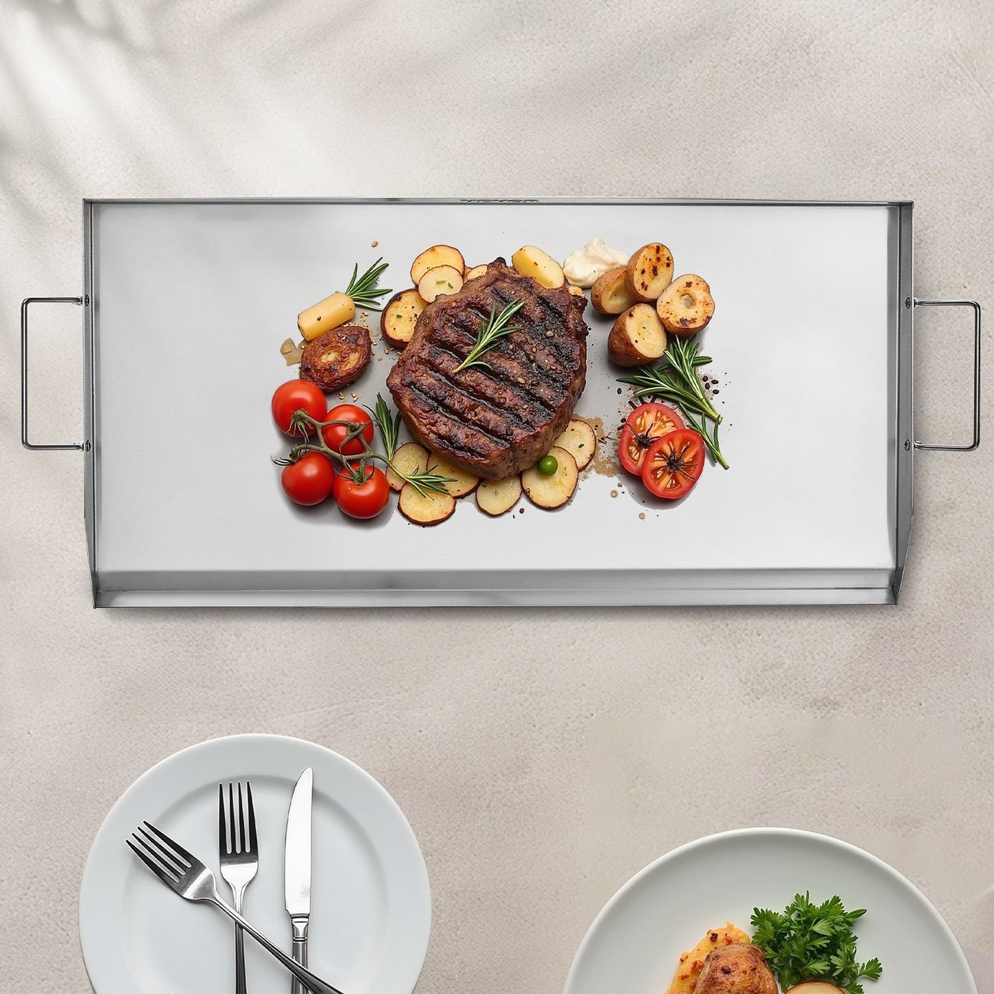 Edelstahl-Grillplatte, 81 x 41 cm (32 x 16 Zoll), universelle flache rechteckige Platte, Gasgrill-Grillplatte für BBQ-Grill, Teppanyaki, tragbares Familienkochgeschirr mit Griff, für Camping, Grillpartys