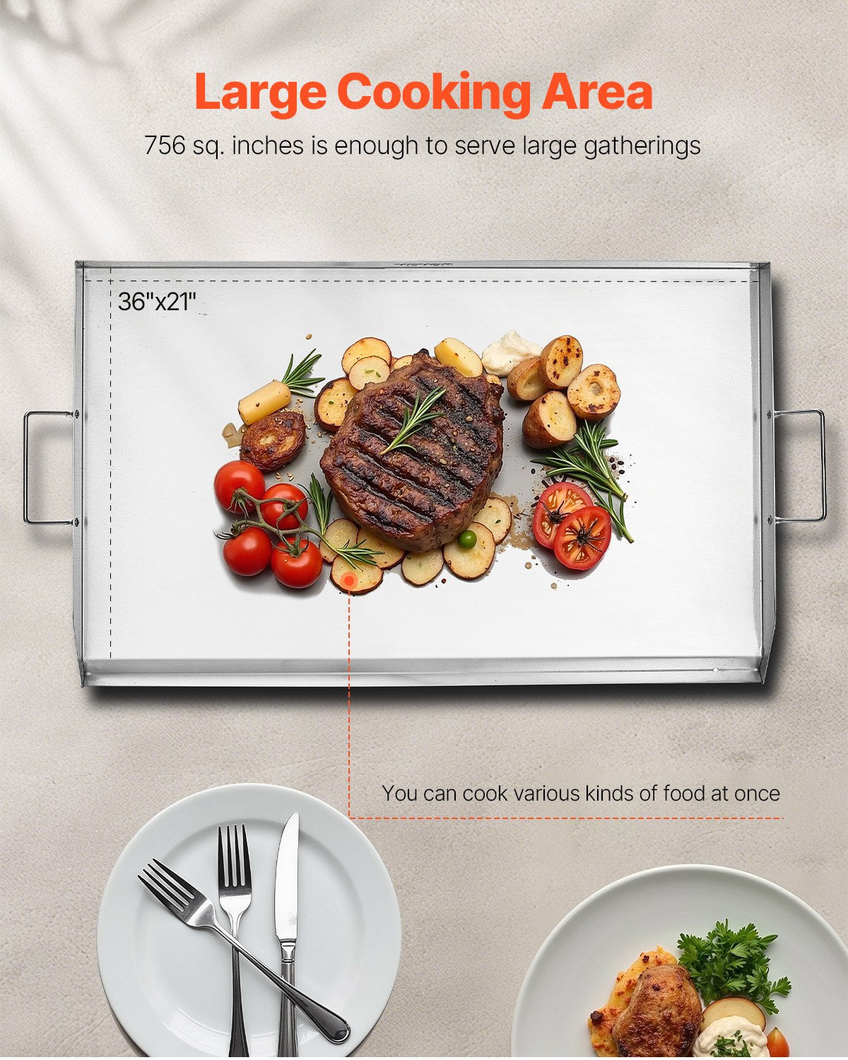 Edelstahl-Grillplatte, 91 x 56 cm (36 x 22 Zoll), universelle flache rechteckige Platte, Gasgrill-Grillplatte für BBQ-Grill, Teppanyaki, tragbares Familienkochgeschirr mit Griff, für Camping, Grillpartys