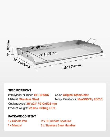 Edelstahl-Grillplatte, 91 x 56 cm (36 x 22 Zoll), universelle flache rechteckige Platte, Gasgrill-Grillplatte für BBQ-Grill, Teppanyaki, tragbares Familienkochgeschirr mit Griff, für Camping, Grillpartys