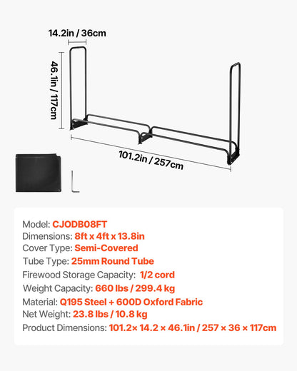 2.4m Outdoor Firewood Rack with Cover, 244 cm x 36 cm x 117 cm, Heavy Duty Firewood Holder & 600D Oxford Waterproof Cover for Fireplace, Patio, Indoor/Outdoor Log Storage Rack for 1/2 Cord of Firewood