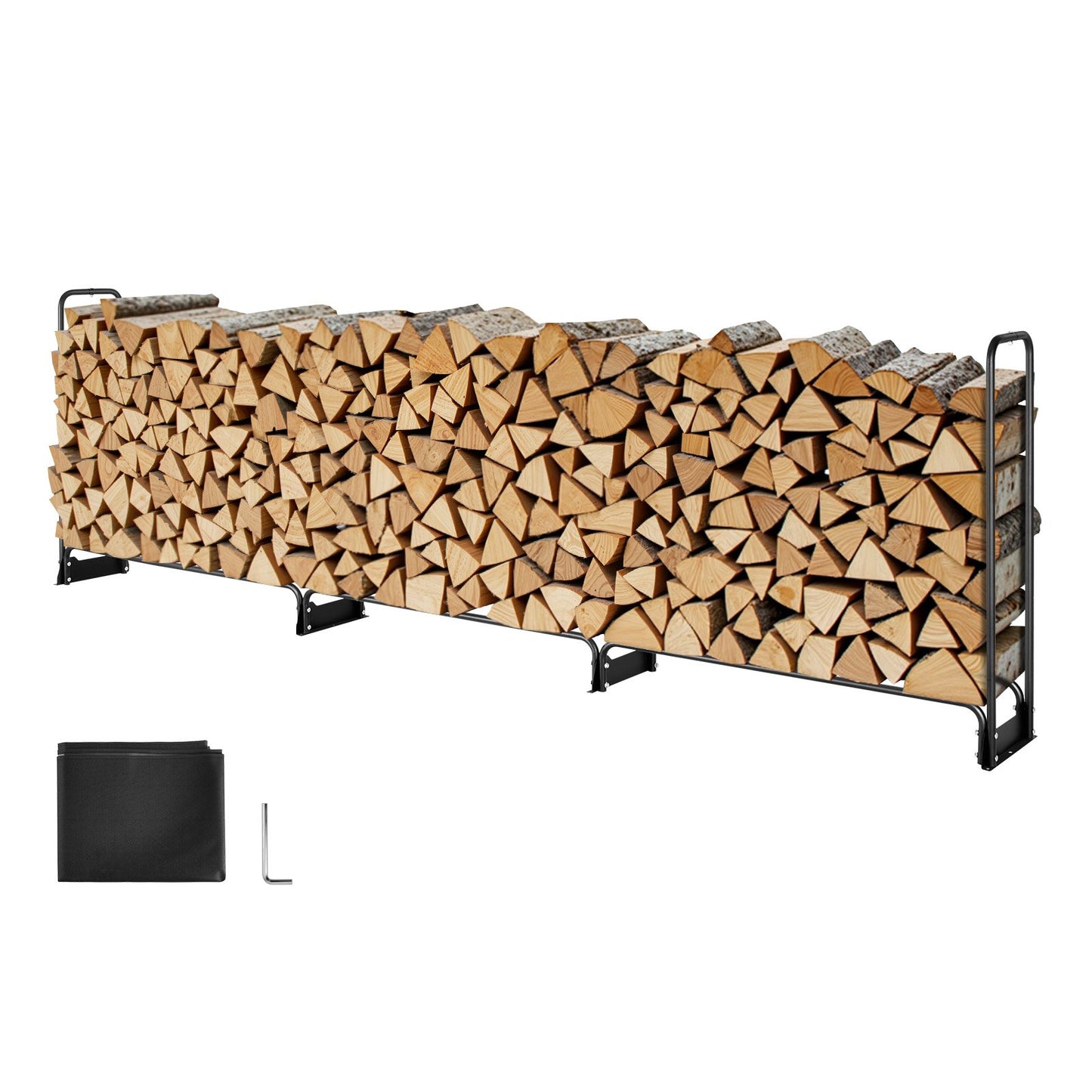 3.9m Outdoor Firewood Rack with Cover, 386 cm x 36 cm x 117 cm, Heavy Duty Firewood Holder & 600D Oxford Waterproof Cover for Fireplace, Patio, Indoor/Outdoor Log Storage Rack for 3/4 Cord of Firewood