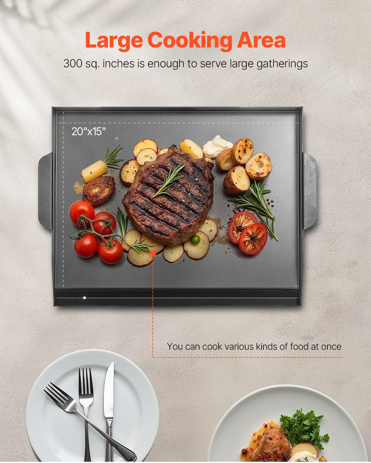 Grillplatte aus Kohlenstoffstahl, 56 x 41 cm (22 x 16 Zoll), universelle, flache, rechteckige Platte, Gasgrillplatte für BBQ, Teppanyaki, tragbares Familienkochgeschirr, für Camping, Grillpartys, Schwarz