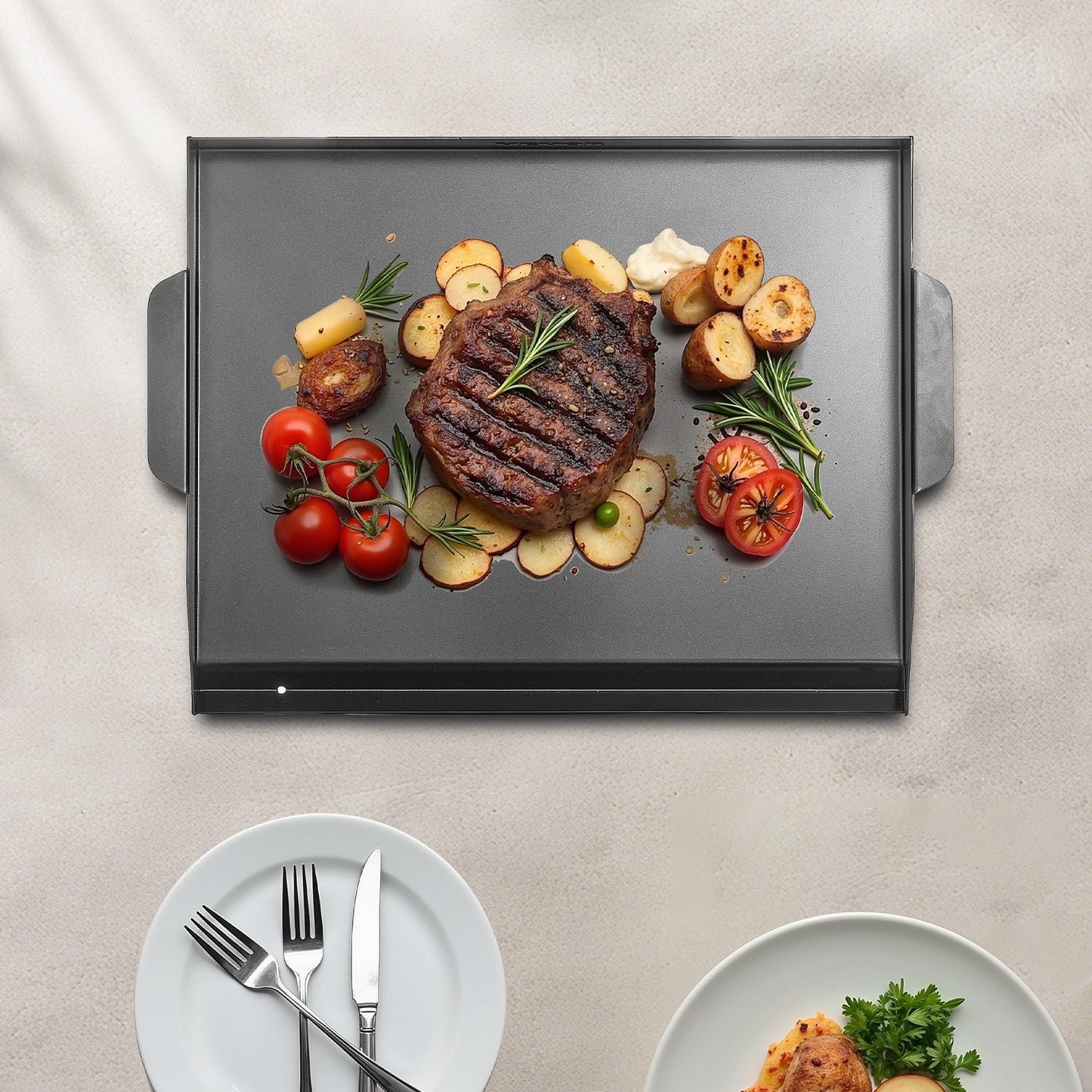 Grillplatte aus Kohlenstoffstahl, 56 x 41 cm (22 x 16 Zoll), universelle, flache, rechteckige Platte, Gasgrillplatte für BBQ, Teppanyaki, tragbares Familienkochgeschirr, für Camping, Grillpartys, Schwarz