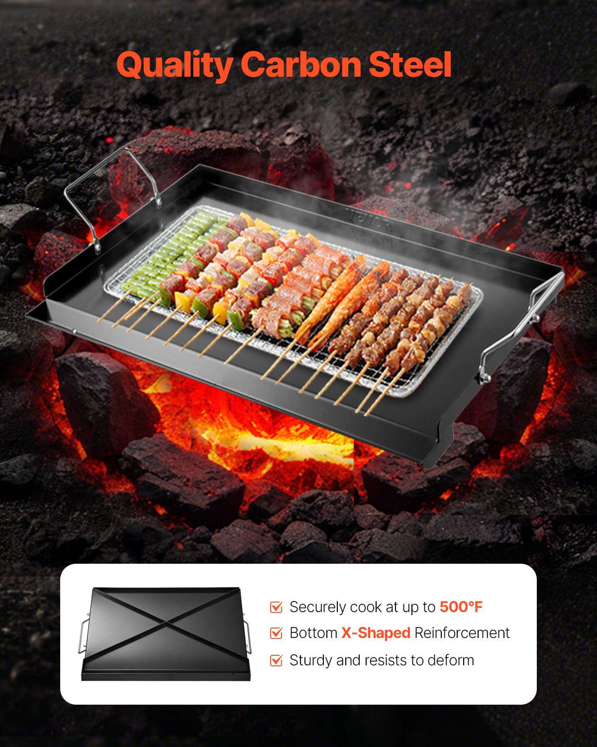 Grillplatte aus Kohlenstoffstahl, 61 x 41 cm (24 x 16 Zoll), universelle, flache, rechteckige Platte, Gasgrillplatte für BBQ-Grill, Teppanyaki, tragbares Familienkochgeschirr mit Griff, für Camping, Grillpartys