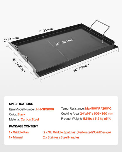 Grillplatte aus Kohlenstoffstahl, 61 x 41 cm (24 x 16 Zoll), universelle, flache, rechteckige Platte, Gasgrillplatte für BBQ-Grill, Teppanyaki, tragbares Familienkochgeschirr mit Griff, für Camping, Grillpartys