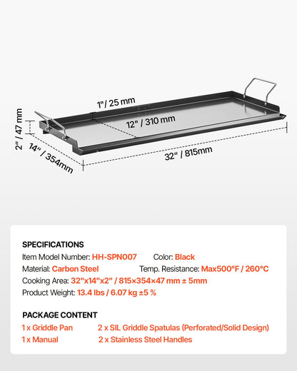 Grillplatte aus Kohlenstoffstahl, 81 x 36 cm (32 x 14 Zoll), universelle, flache, rechteckige Platte, Gasgrillplatte für BBQ-Grill, Teppanyaki, tragbares Familienkochgeschirr mit Griff, für Camping, Grillpartys