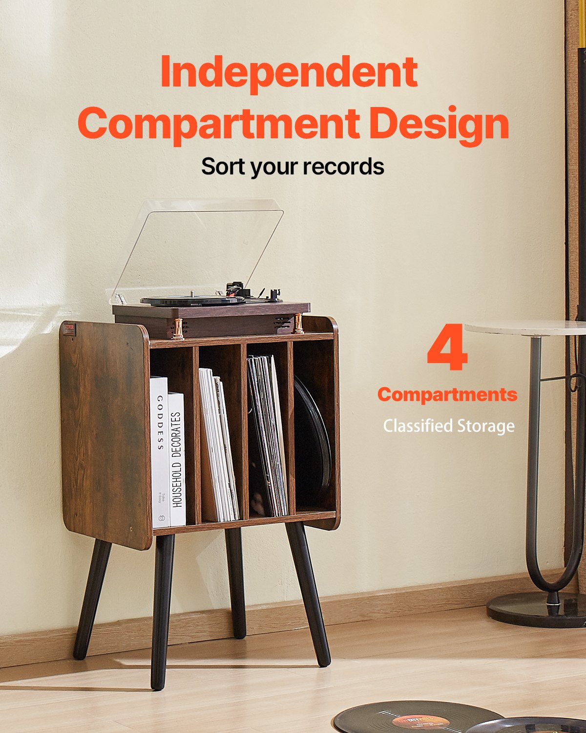Plattenspielerständer, 2-stöckig mit 4 Fächern, Platz für bis zu 100 Schallplatten, Vinyl-Schallplattenschrank aus Holz mit Ablagefach für Schlafzimmer und Wohnzimmer, Braun