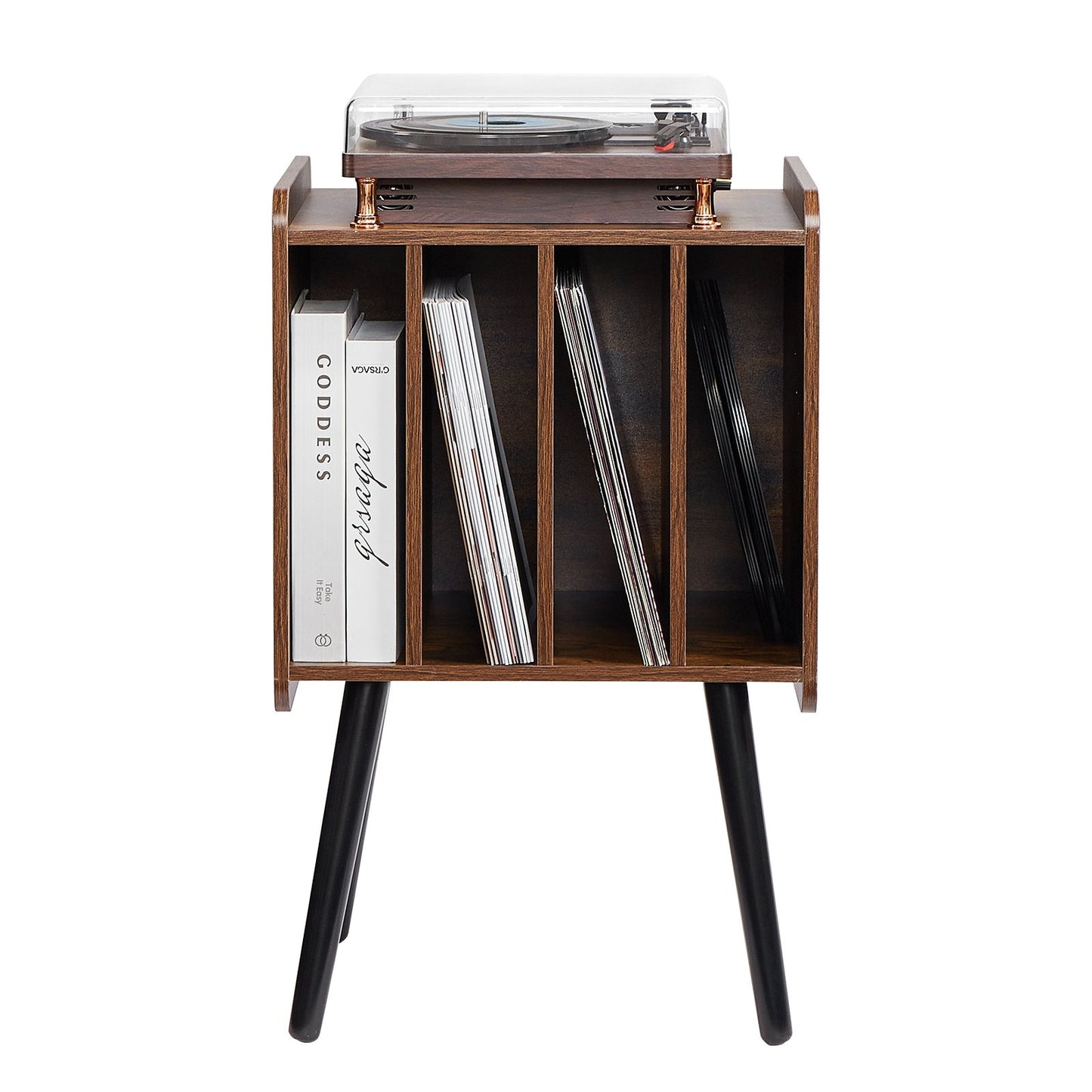 Plattenspielerständer, 2-stöckig mit 4 Fächern, Platz für bis zu 100 Schallplatten, Vinyl-Schallplattenschrank aus Holz mit Ablagefach für Schlafzimmer und Wohnzimmer, Braun