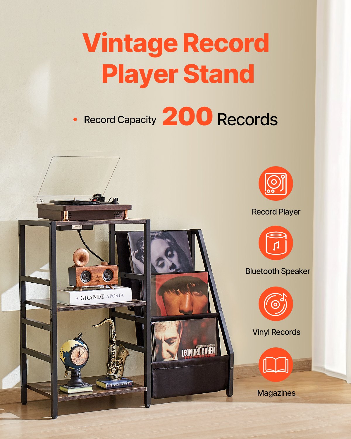 Record Player Stand with Charging Station & USB Ports, Holds up to 200 Albums, 3-Tier Turntable Stand with Vinyl Record Storage, Record Player Table with Display Shelf for Bedroom, Living Room