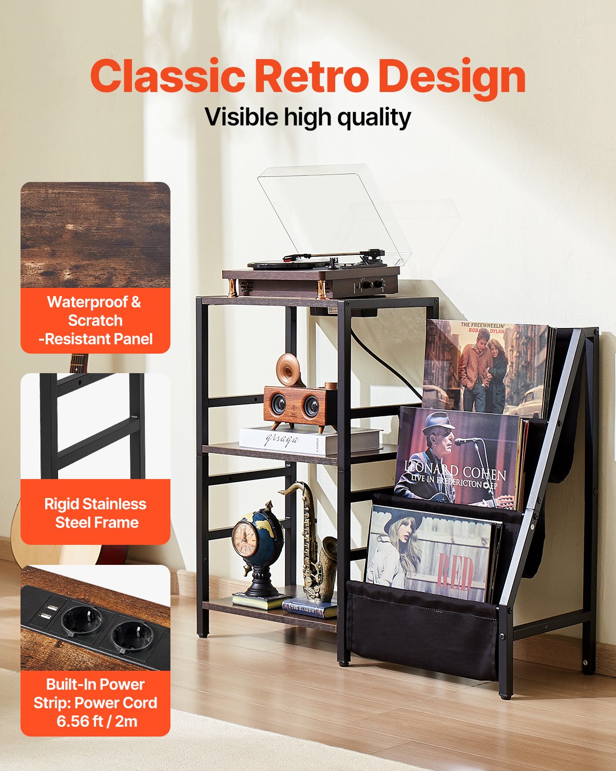 Record Player Stand with Charging Station & USB Ports, Holds up to 200 Albums, 3-Tier Turntable Stand with Vinyl Record Storage, Record Player Table with Display Shelf for Bedroom, Living Room