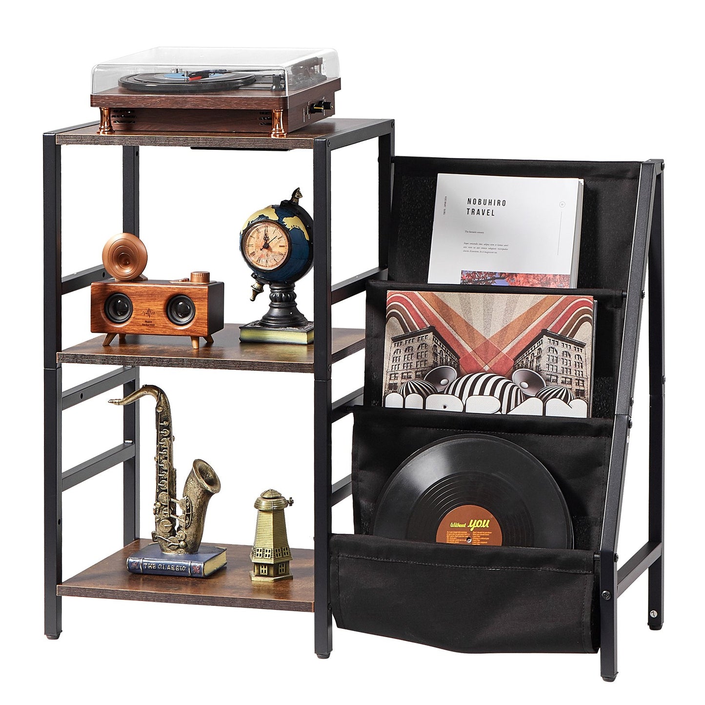 Record Player Stand with Charging Station & USB Ports, Holds up to 200 Albums, 3-Tier Turntable Stand with Vinyl Record Storage, Record Player Table with Display Shelf for Bedroom, Living Room