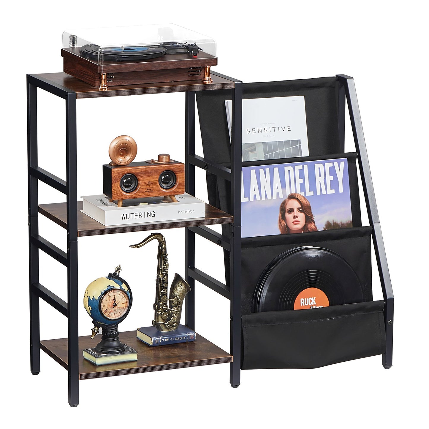 Record Player Stand with Charging Station & USB Ports, Holds up to 200 Albums, 3-Tier Turntable Stand with Vinyl Record Storage, Record Player Table with Display Shelf for Bedroom, Living Room