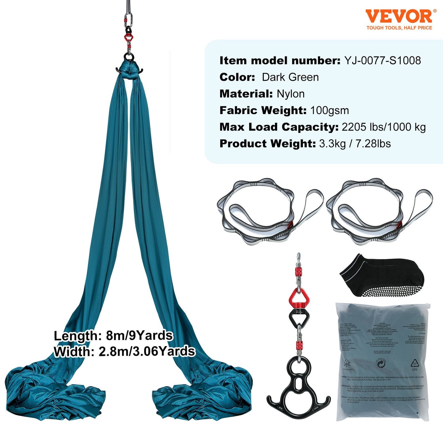 Aerial Silk & Yoga Swing, 8.7 Yards, Aerial Yoga Hammock Kit with 100gsm Nylon Fabric, Full Rigging Hardware & Easy Set-up Guide, Antigravity Flying for All Levels Fitness Bodybuilding, Green