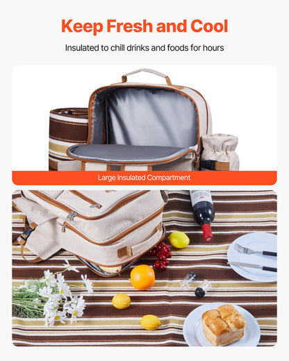 Picnic Backpack, Beach Picnic Backpack Bag for 4 Person with Insulated Cooler Compartment, Detachable Bottle/Wine Holder, Lightweight Blanket, Plates & Cutlery Set for Outdoor, Hiking, Camping