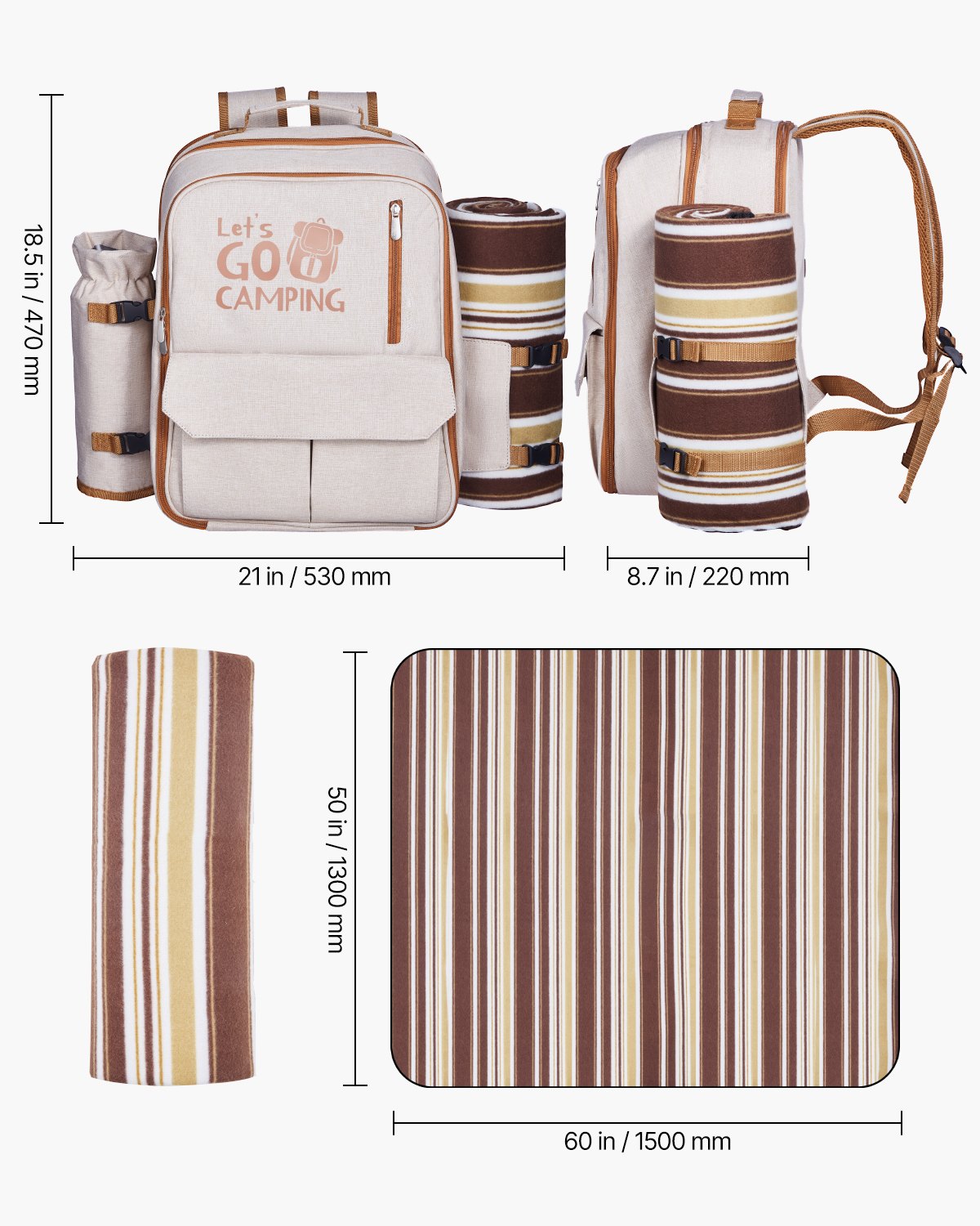 Picnic Backpack, Beach Picnic Backpack Bag for 4 Person with Insulated Cooler Compartment, Detachable Bottle/Wine Holder, Lightweight Blanket, Plates & Cutlery Set for Outdoor, Hiking, Camping