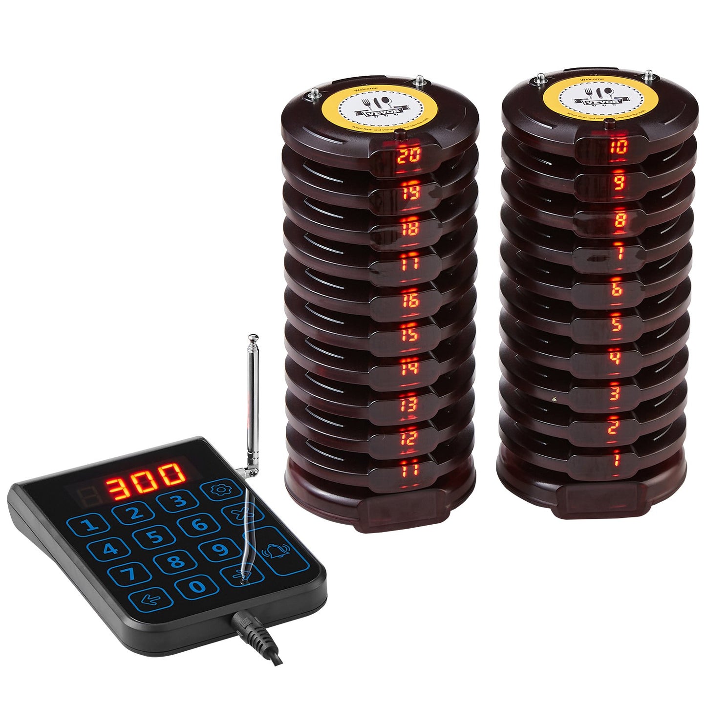 Restaurant-Pagersystem, kabellos, 500 m Reichweite, Warteschlangensignal, Gästeruf-Piepser mit Vibrations- und Blinkfunktion, 20 Summer für Imbisswagen, Kirchen, Kindergärten, Krankenhäuser