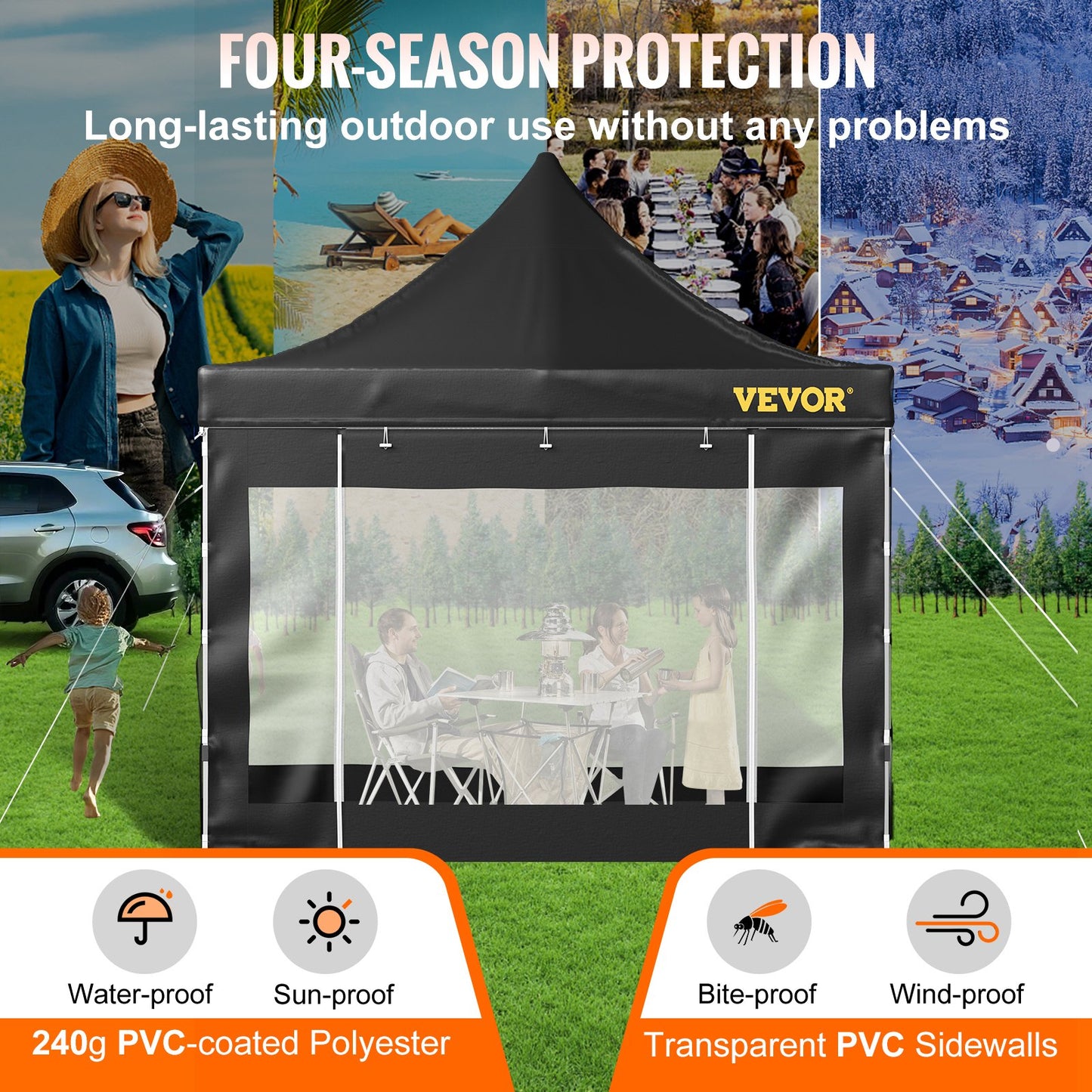 304,8 x 304,8 cm großes Faltpavillon-Zelt, Gartenpavillon mit abnehmbaren Seitenwänden und Tragetasche mit Rollen, UV-beständig, wasserdicht, schnell aufzubauen, für Partys, Garten und Hinterhof, Schwarz