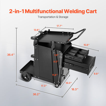 Welding Cart, 2 Drawers Welder Cart Heavy Duty with Anti-Theft Lockable Cabinet, 350LBS Static Weight Capacity, 360° Swivel Wheels, Tank Storage Safety Chains for MIG TIG Welder, Plasma Cutter