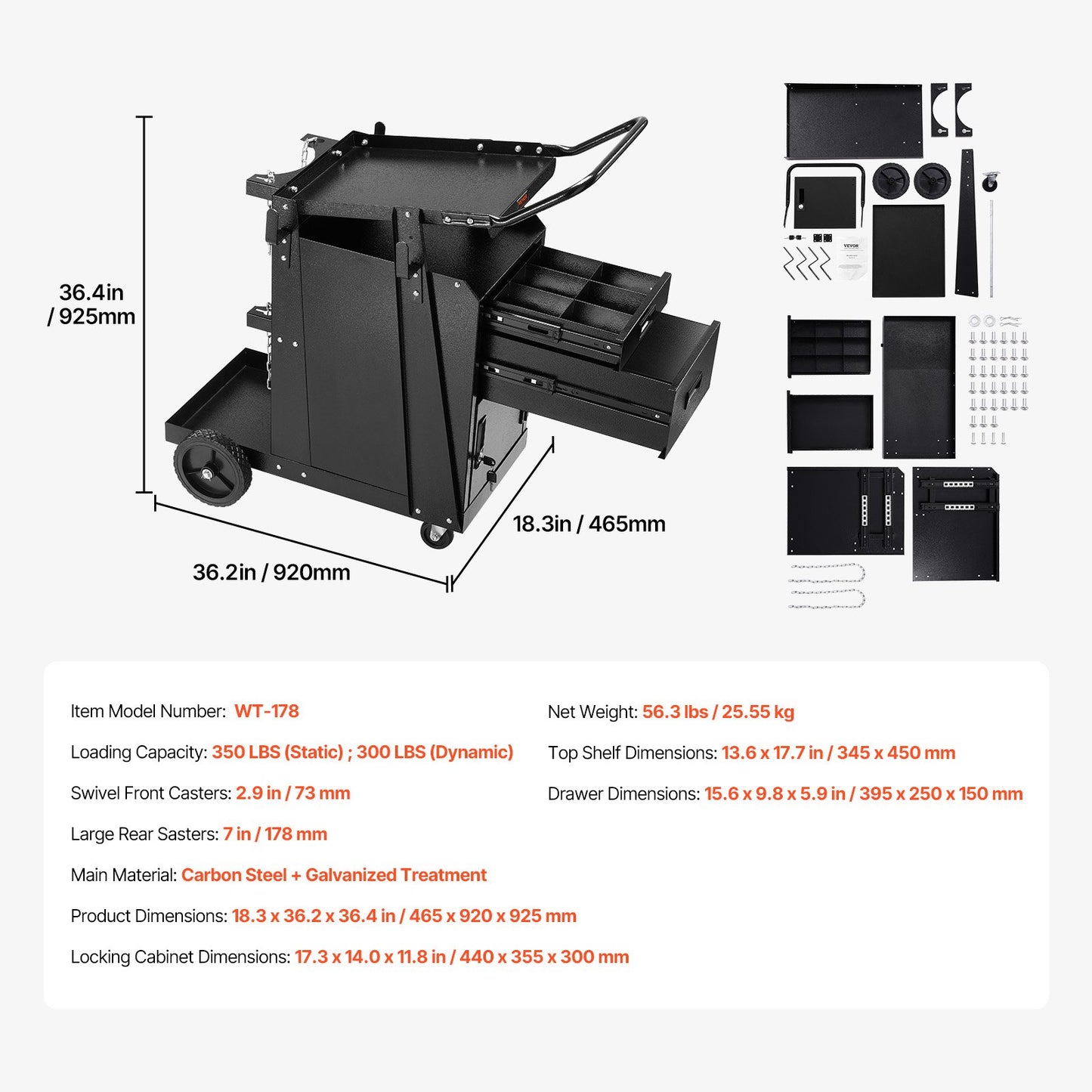 Welding Cart, 2 Drawers Welder Cart Heavy Duty with Anti-Theft Lockable Cabinet, 350LBS Static Weight Capacity, 360° Swivel Wheels, Tank Storage Safety Chains for MIG TIG Welder, Plasma Cutter