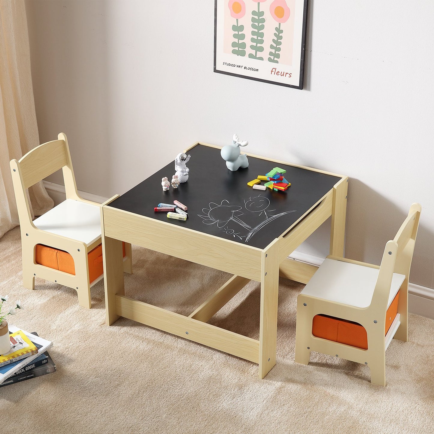 Kindertisch- und Stuhlset, Aktivitätstisch aus Holz mit Stauraum und Boxen, Spieltisch für Kleinkinder zum Malen, Basteln, Lesen und Lernen