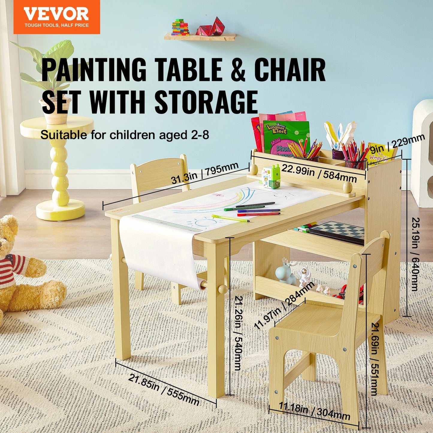 Kids Art Table and 2 Chairs, 2-in-1 Toddler Craft and Play Activity Table, Wood Toddler Table and Chair Set with A Cabinet for Art, Craft, Reading, Learning