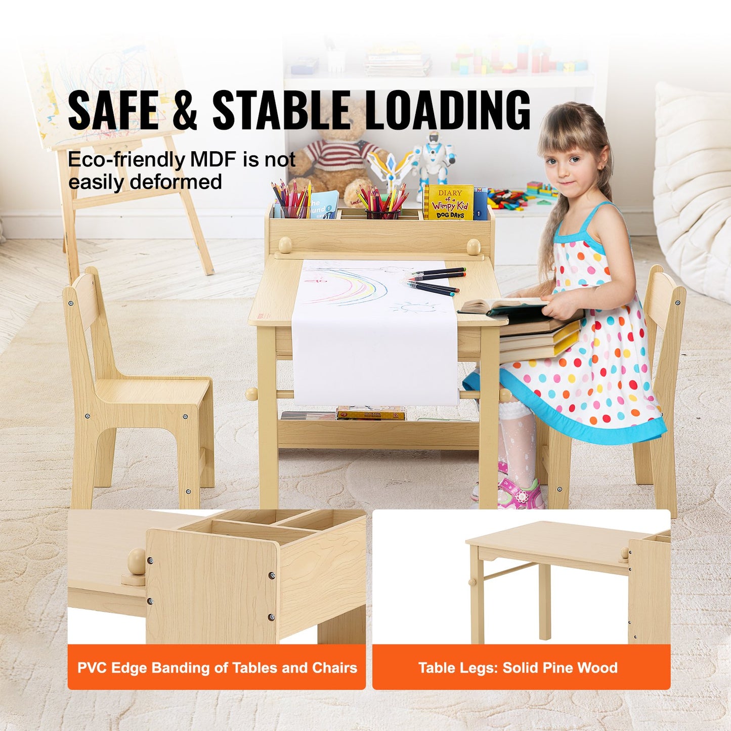 Kids Art Table and 2 Chairs, 2-in-1 Toddler Craft and Play Activity Table, Wood Toddler Table and Chair Set with A Cabinet for Art, Craft, Reading, Learning