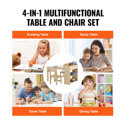 Kids Art Table and 2 Chairs, 2-in-1 Toddler Craft and Play Activity Table, Wood Toddler Table and Chair Set with A Cabinet for Art, Craft, Reading, Learning