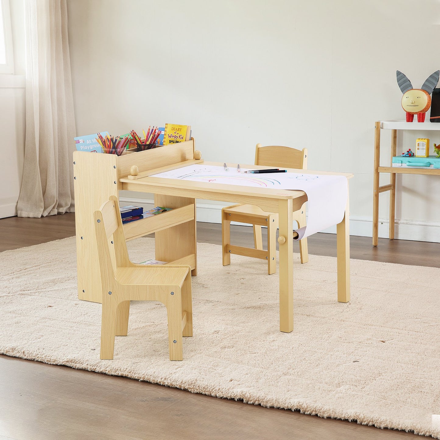Kids Art Table and 2 Chairs, 2-in-1 Toddler Craft and Play Activity Table, Wood Toddler Table and Chair Set with A Cabinet for Art, Craft, Reading, Learning