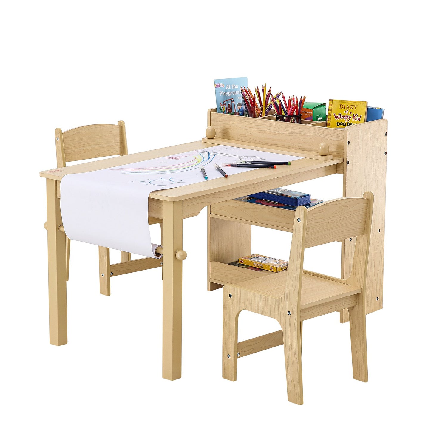 Kids Art Table and 2 Chairs, 2-in-1 Toddler Craft and Play Activity Table, Wood Toddler Table and Chair Set with A Cabinet for Art, Craft, Reading, Learning
