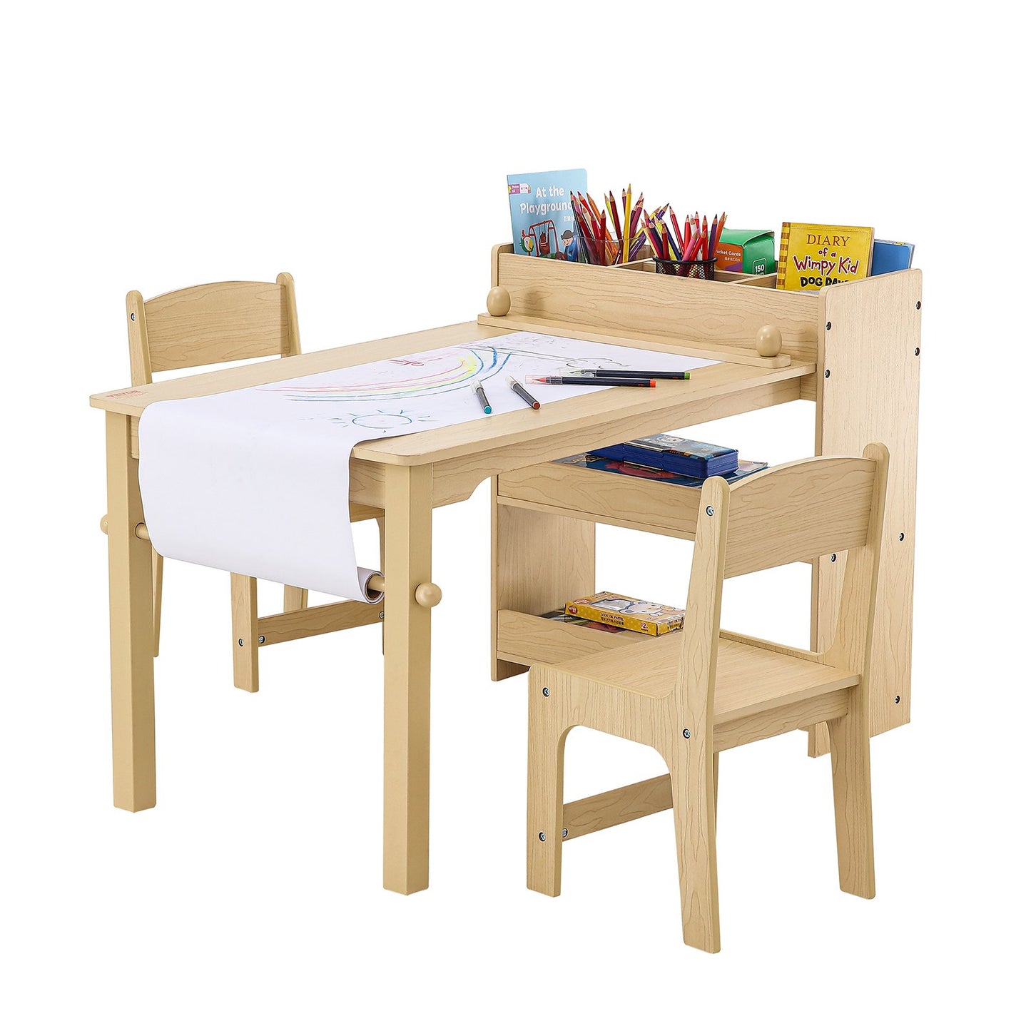 Kids Art Table and 2 Chairs, 2-in-1 Toddler Craft and Play Activity Table, Wood Toddler Table and Chair Set with A Cabinet for Art, Craft, Reading, Learning