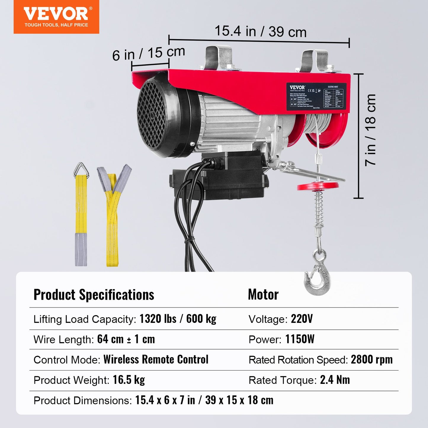 Electric Hoist, 598.7 kg Lifting Capacity, 1150W 220V Electric Steel Wire Winch with Wireless Remote Control, 1219 cm Single Cable Lifting Height & Motor, for Garage Warehouse Factory