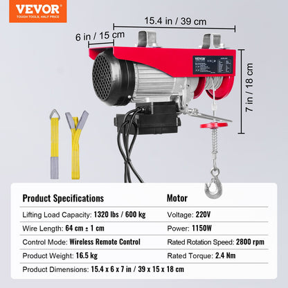 Electric Hoist, 598.7 kg Lifting Capacity, 1150W 220V Electric Steel Wire Winch with Wireless Remote Control, 1219 cm Single Cable Lifting Height & Motor, for Garage Warehouse Factory
