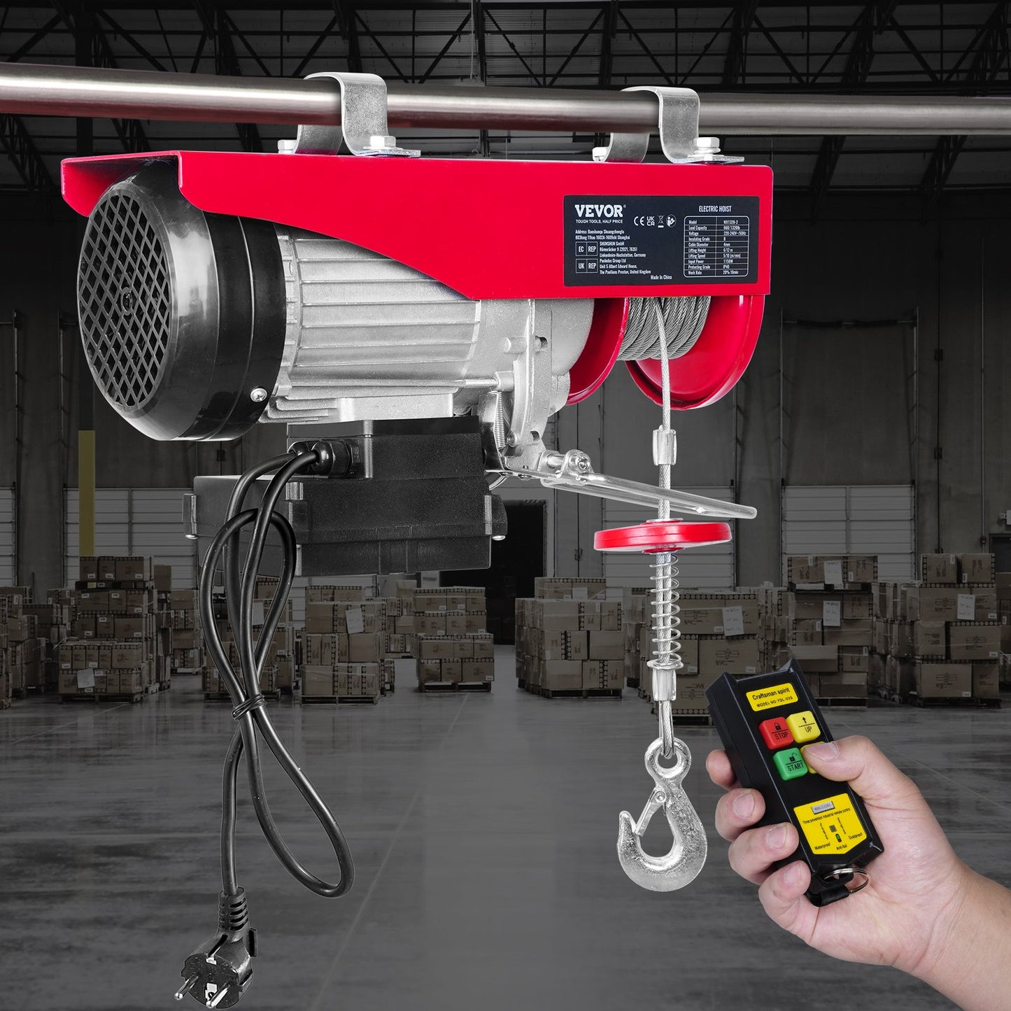 Electric Hoist, 598.7 kg Lifting Capacity, 1150W 220V Electric Steel Wire Winch with Wireless Remote Control, 1219 cm Single Cable Lifting Height & Motor, for Garage Warehouse Factory