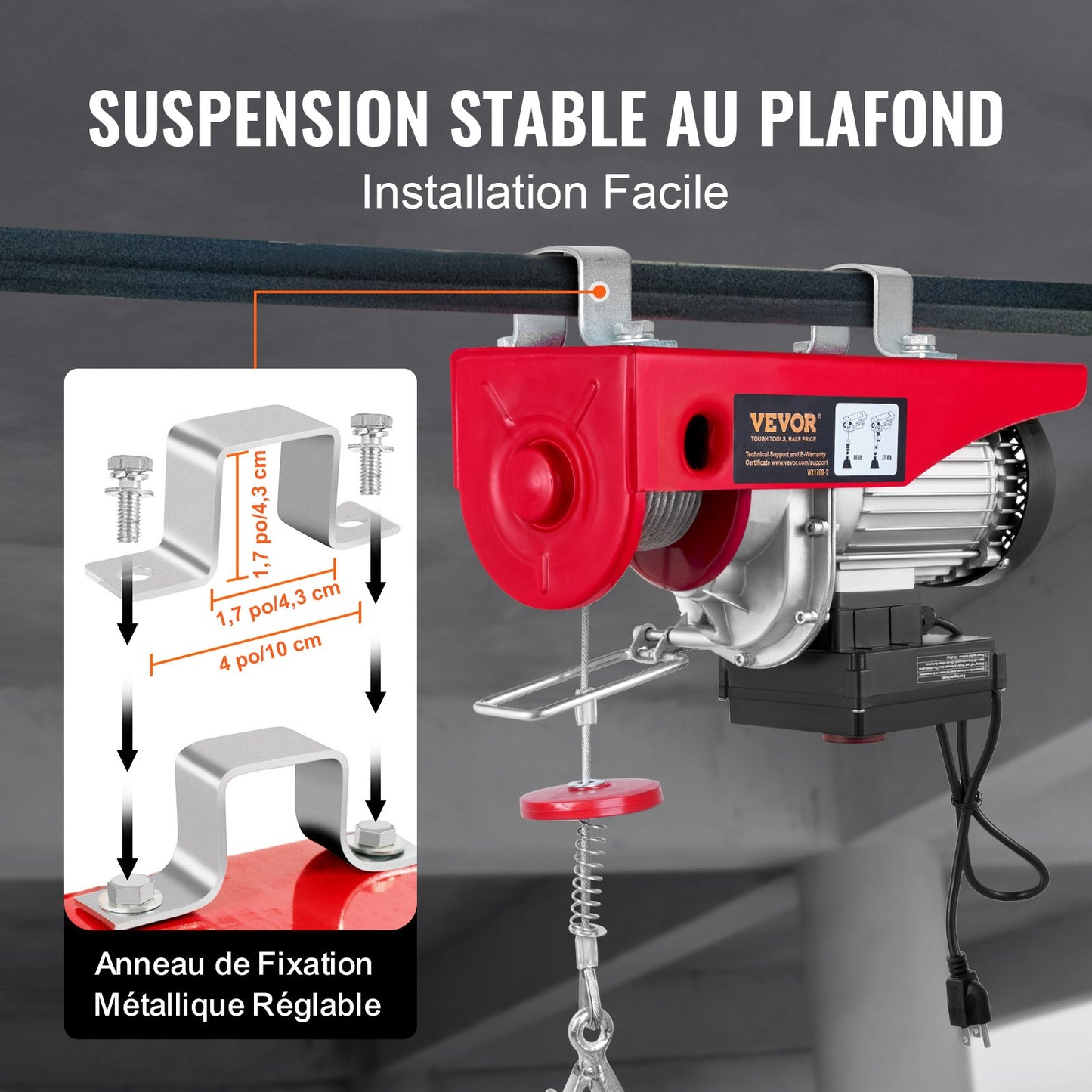 Electric Hoist, 798 kg Lifting Capacity, 1450W 220V Electric Steel Wire Winch with Wireless Remote Control, 1219 cm Single Cable Lifting Height & Pure Copper Motor, for Garage Warehouse Factory