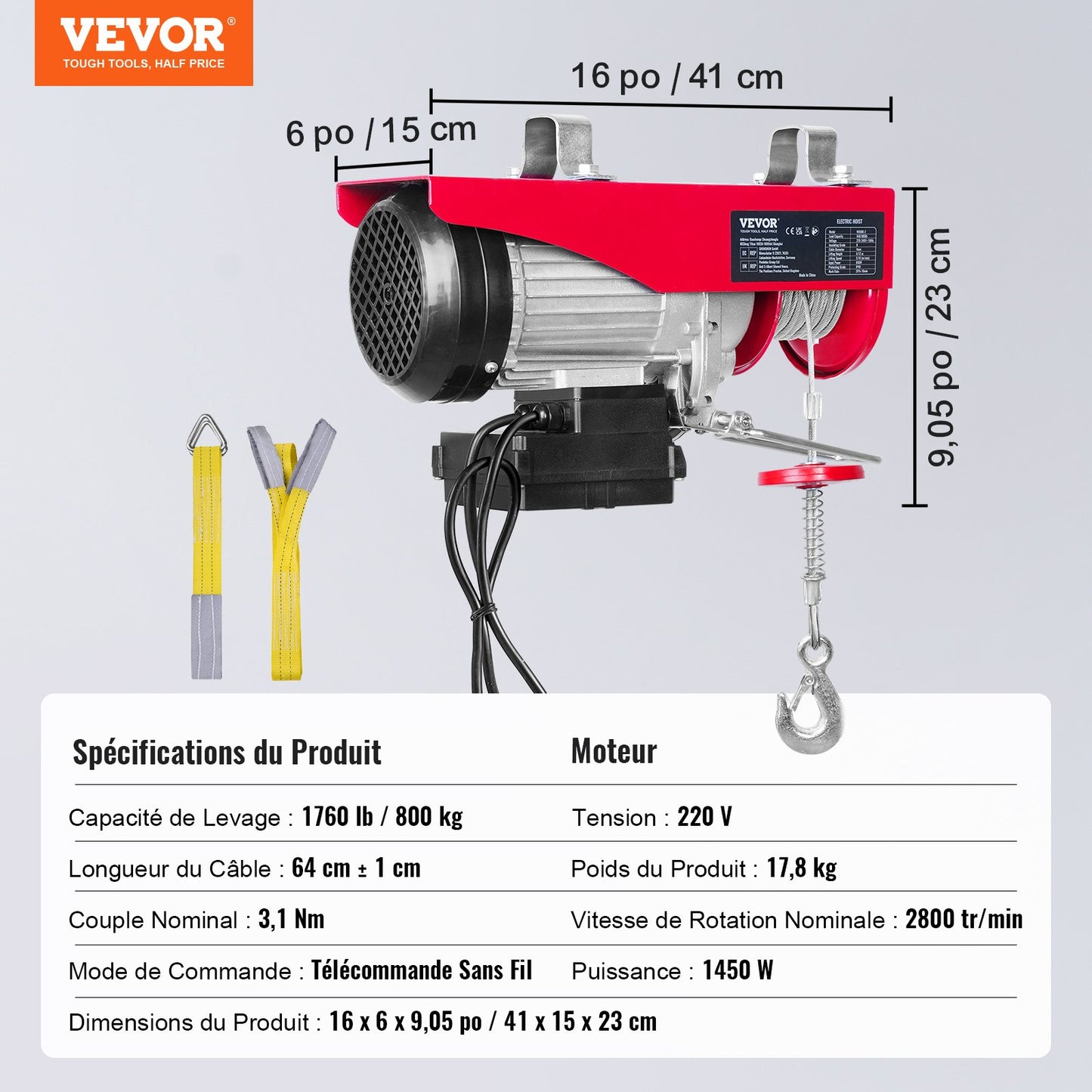 Electric Hoist, 798 kg Lifting Capacity, 1450W 220V Electric Steel Wire Winch with Wireless Remote Control, 1219 cm Single Cable Lifting Height & Pure Copper Motor, for Garage Warehouse Factory