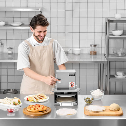 Electric Pizza Dough Press Machine, 6 inch Pizza Pastry Press Plate, Stainless Steel Bread Presser, Adjustable Thickness Commercial Forming Machine, with 100 Pcs Parchment Paper