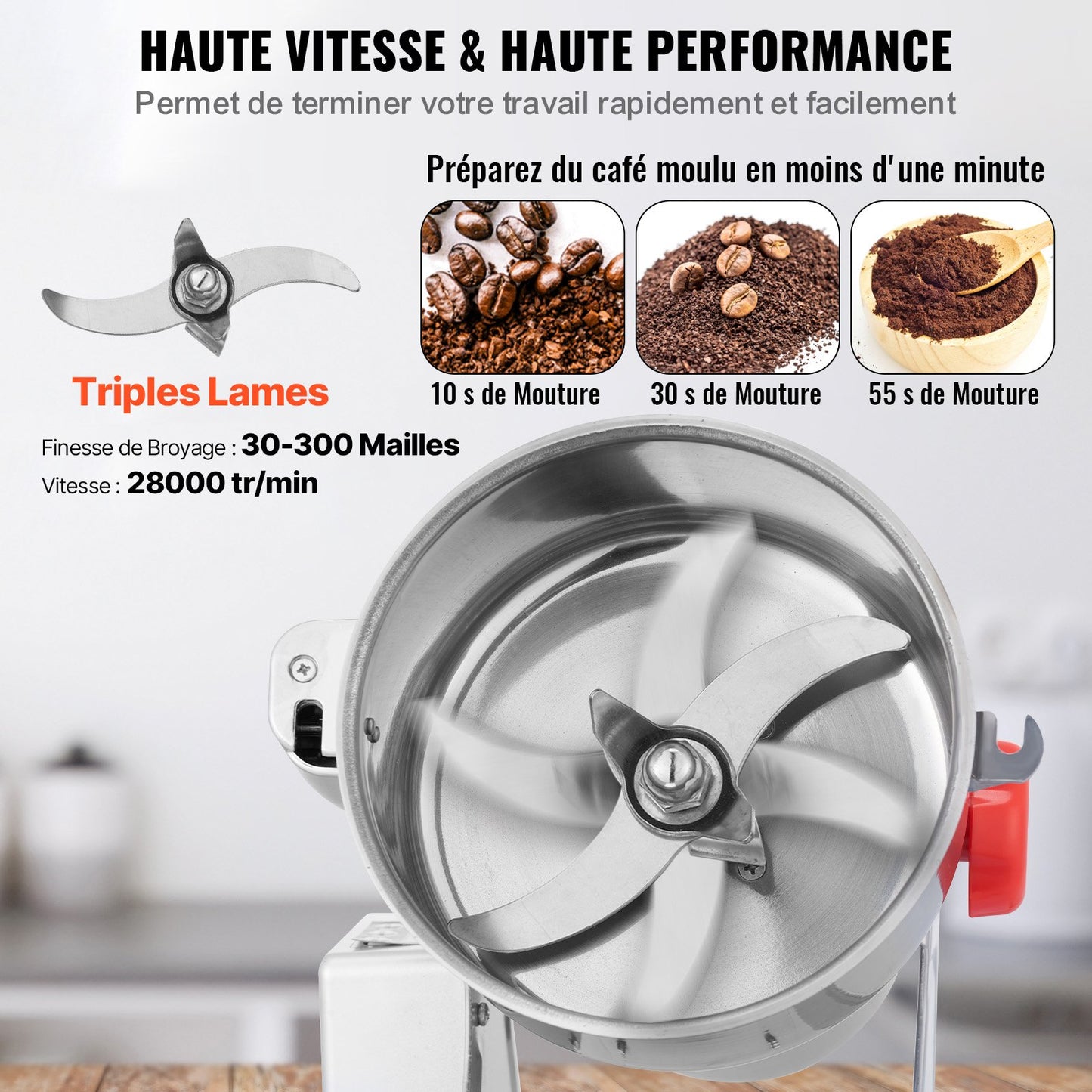 Elektrische Getreidemühle (1000 g), Hochgeschwindigkeits-Gewürzmühle (3000 W), Pulverisiermaschine aus Edelstahl für trockene Körner, Gewürze, Getreide, Kaffee, Mais, Pfeffer, Schwenkmechanismus